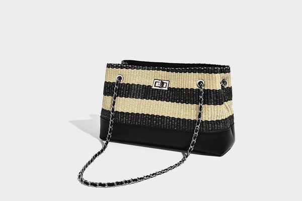 Structured black and beige striped woven shoulder bag with silver chain strap and turn-lock metal clasp, detail view 18