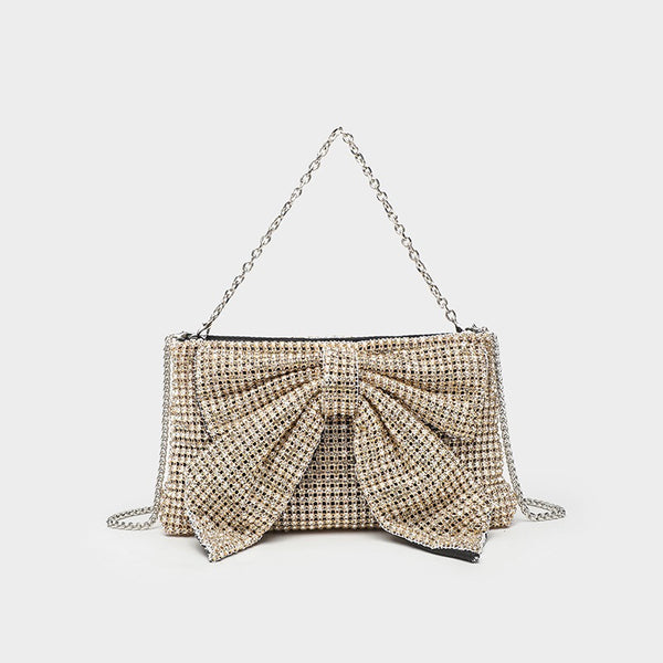 Kleine rechteckige Clutch zum Umhängen mit Schleife, vollständig mit Strasssteinen besetzt, silberfarbenem Kettenriemen, Detailansicht 2