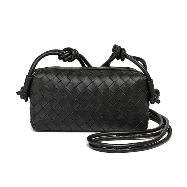 Small rectangular woven-texture mini crossbody bag with knotted rope strap and gold-tone zip closure, detail view 5