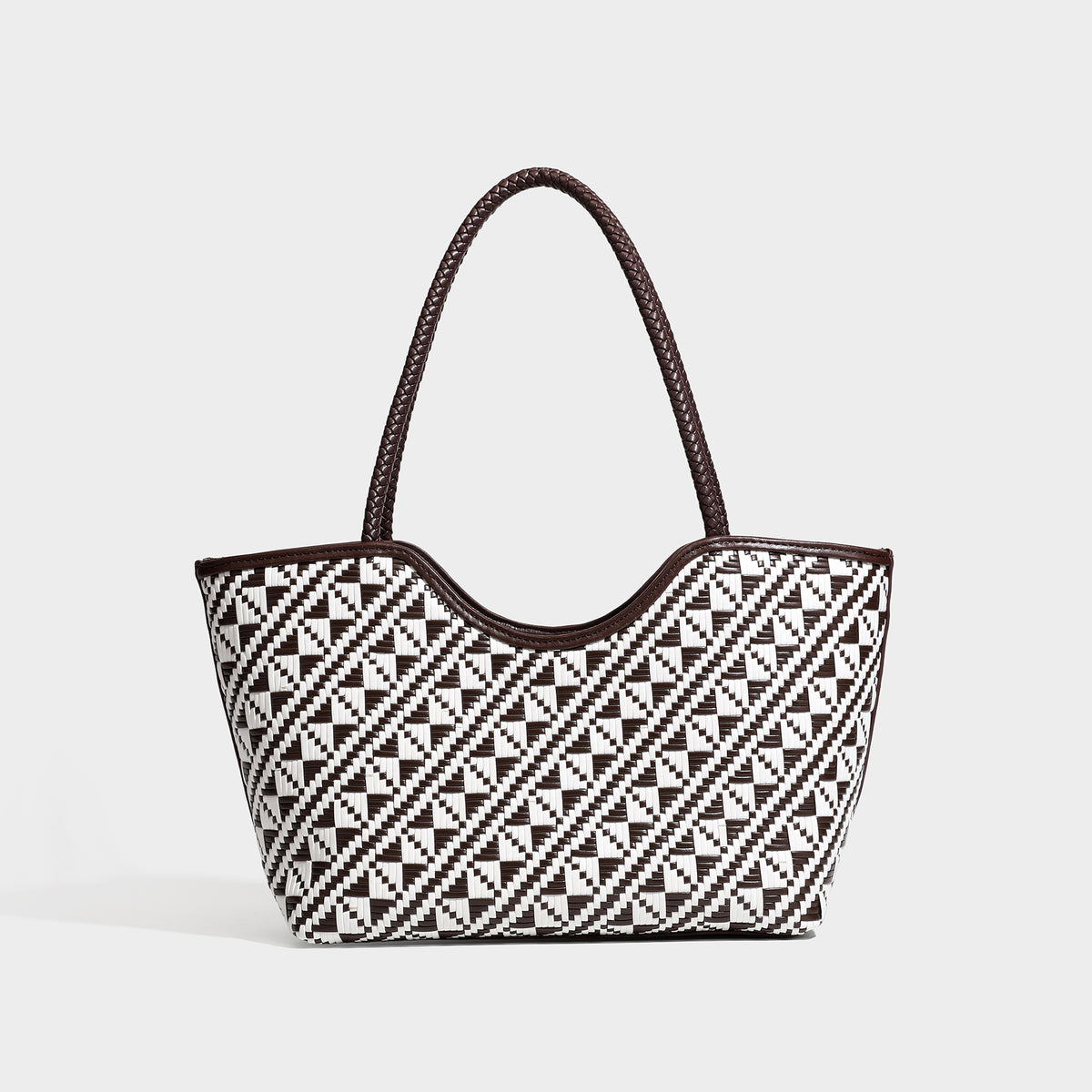 Woven geometric two-tone tote bag with braided shoulder straps and leather-look trim, detail view 3