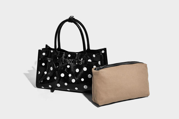 Structured glossy leather-look polka-dot satchel tote with dual top handles and detachable shoulder strap, detail view 23