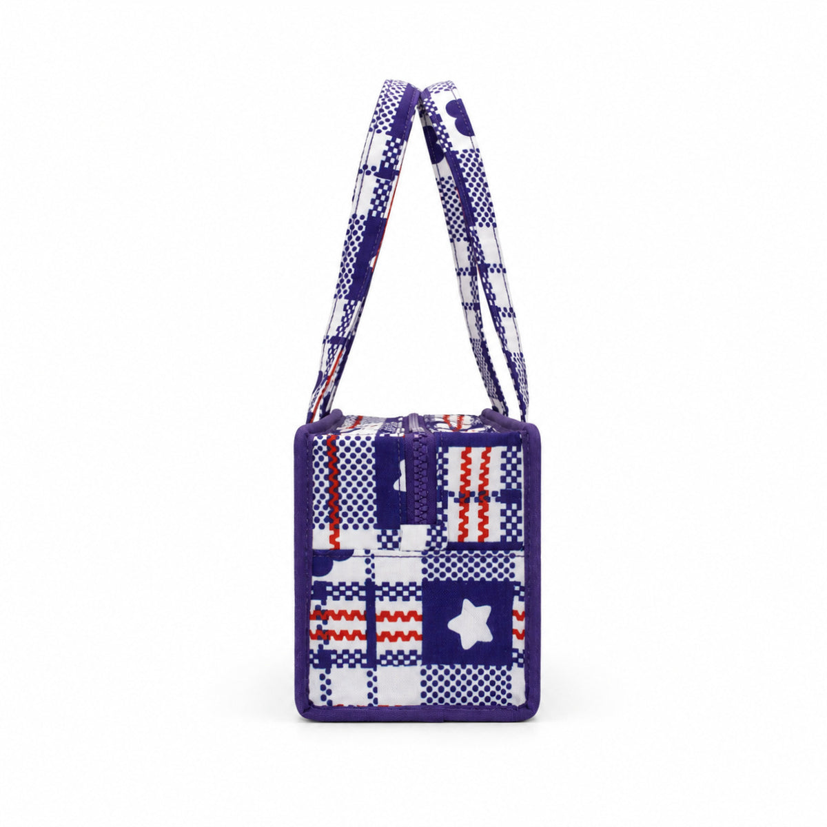 Structured rectangular retro plaid mini handbag with flower and star appliqués, silver star charm, and twin top handles