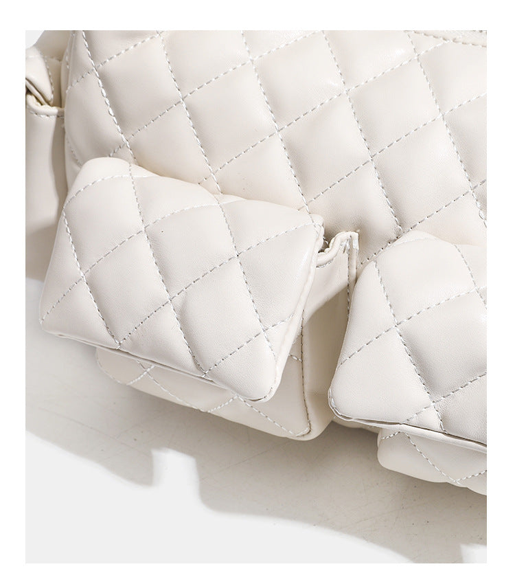 Off-white quilted leather-look hobo shoulder bag with diamond stitching, chain-and-strap handle, two front flap pockets