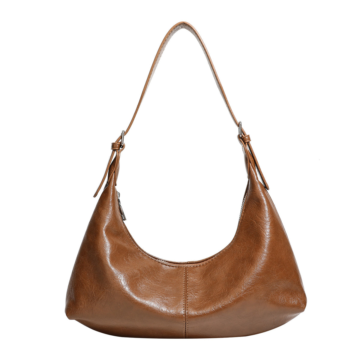 Slouchy crescent hobo shoulder bag with zip-top closure and adjustable strap, detail view 5