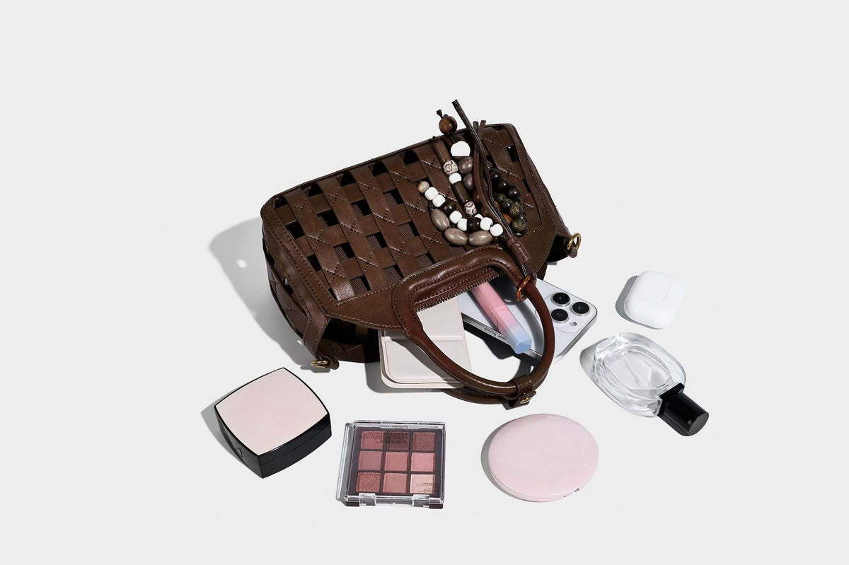 Small structured woven lattice top-handle satchel bag with bead-and-tassel charm and gold-tone hardware, detail view 30