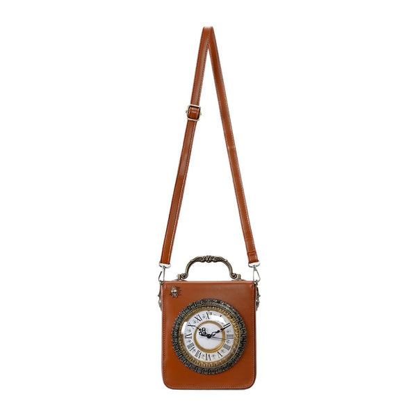 Small structured rectangular crossbody bag with ornate antique-style clock face and brass hardware in, detail view 5