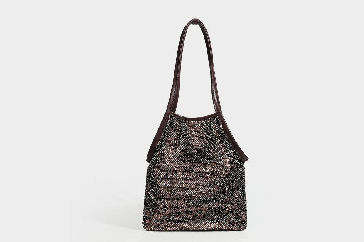 Kleine Schulter-Tote-Bag mit Pailletten, langem Metallic-Riemen und trapezförmiger Silhouette, Detailansicht 31