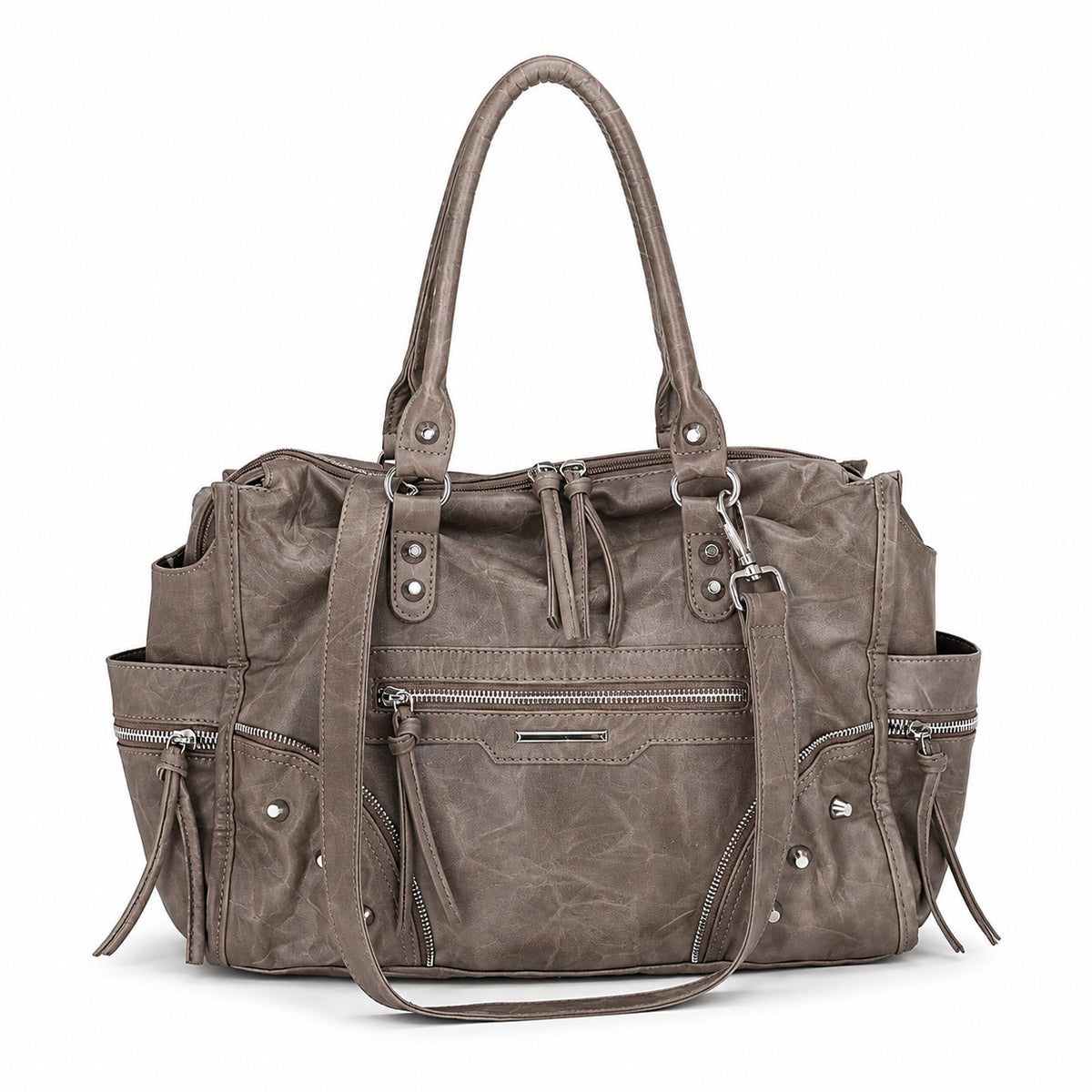 Large distressed leather-look moto tote bag with silver rivets, tassel zip pulls, front zip pocket, and dual top handles