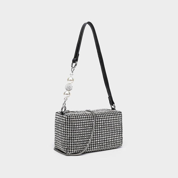 Small rectangular all-over rhinestone crossbody bag with pearl bead zipper pull and detachable silver chain strap, front view