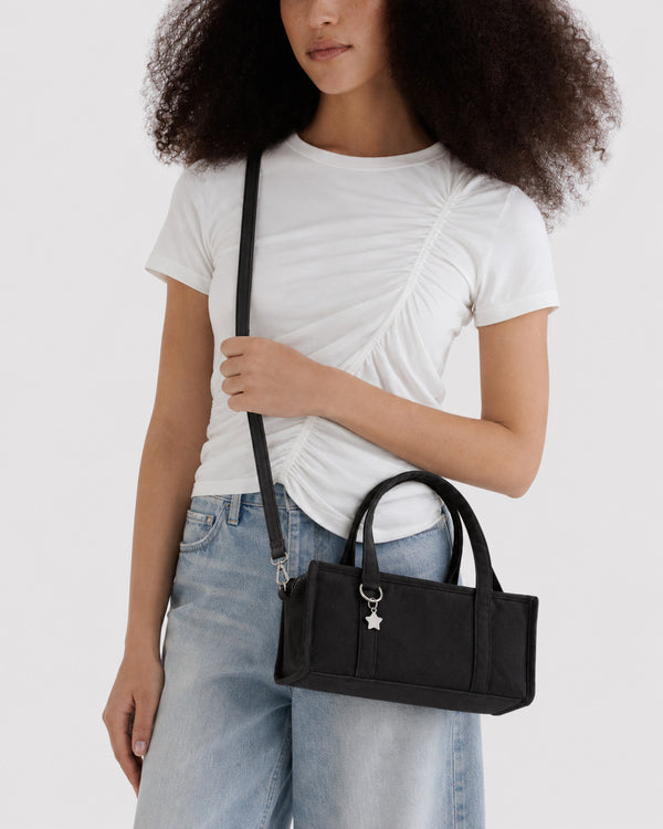 Structured rectangular retro plaid mini handbag with flower and star appliqués, silver star charm, and twin top handles