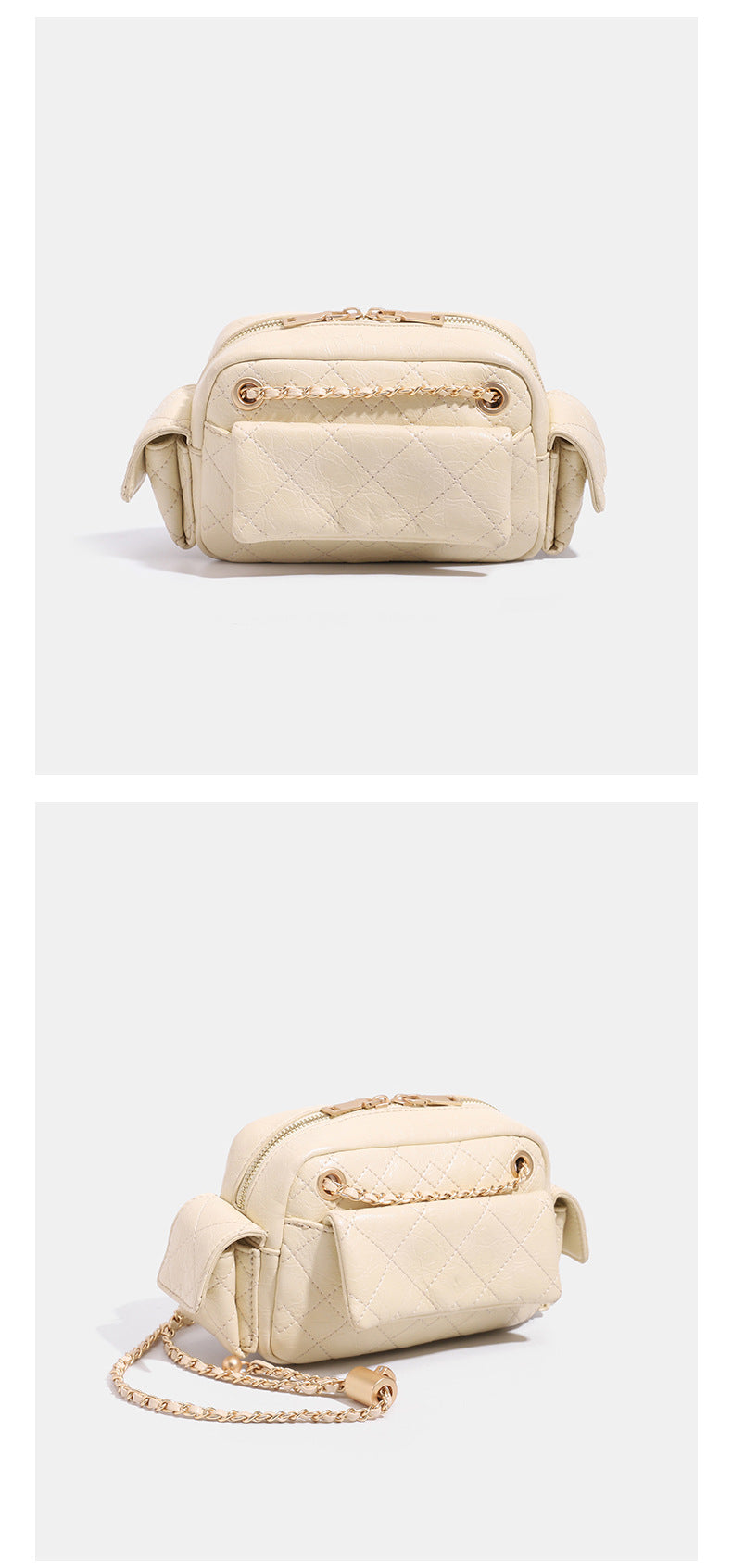 Compact quilted diamond-stitch crossbody bag with gold-tone chain strap and top zip closure, detail view 11