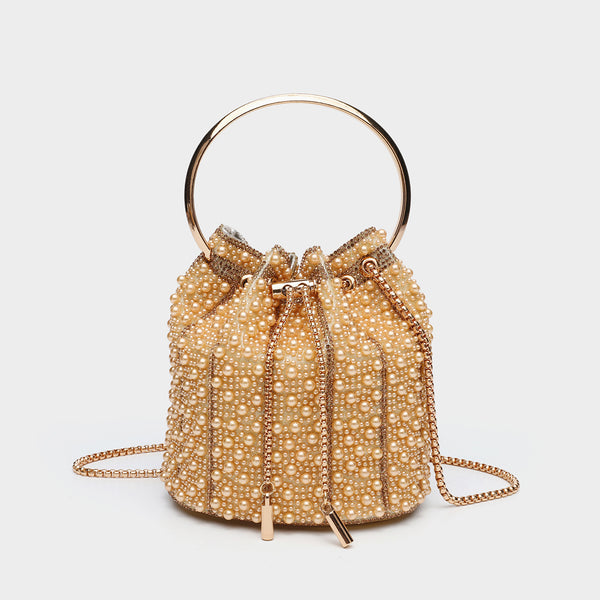 Small pearl-beaded drawstring bucket bag with silver-tone ring top handle and chain shoulder strap, detail view 3