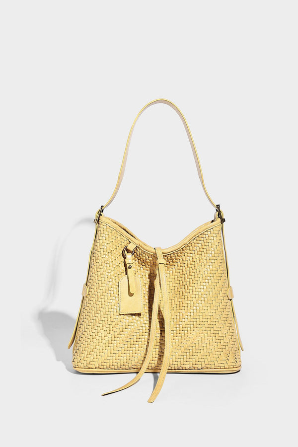 Slouchy woven-texture bucket shoulder bag with tassel tie closure and gold-tone hardware, detail view 28