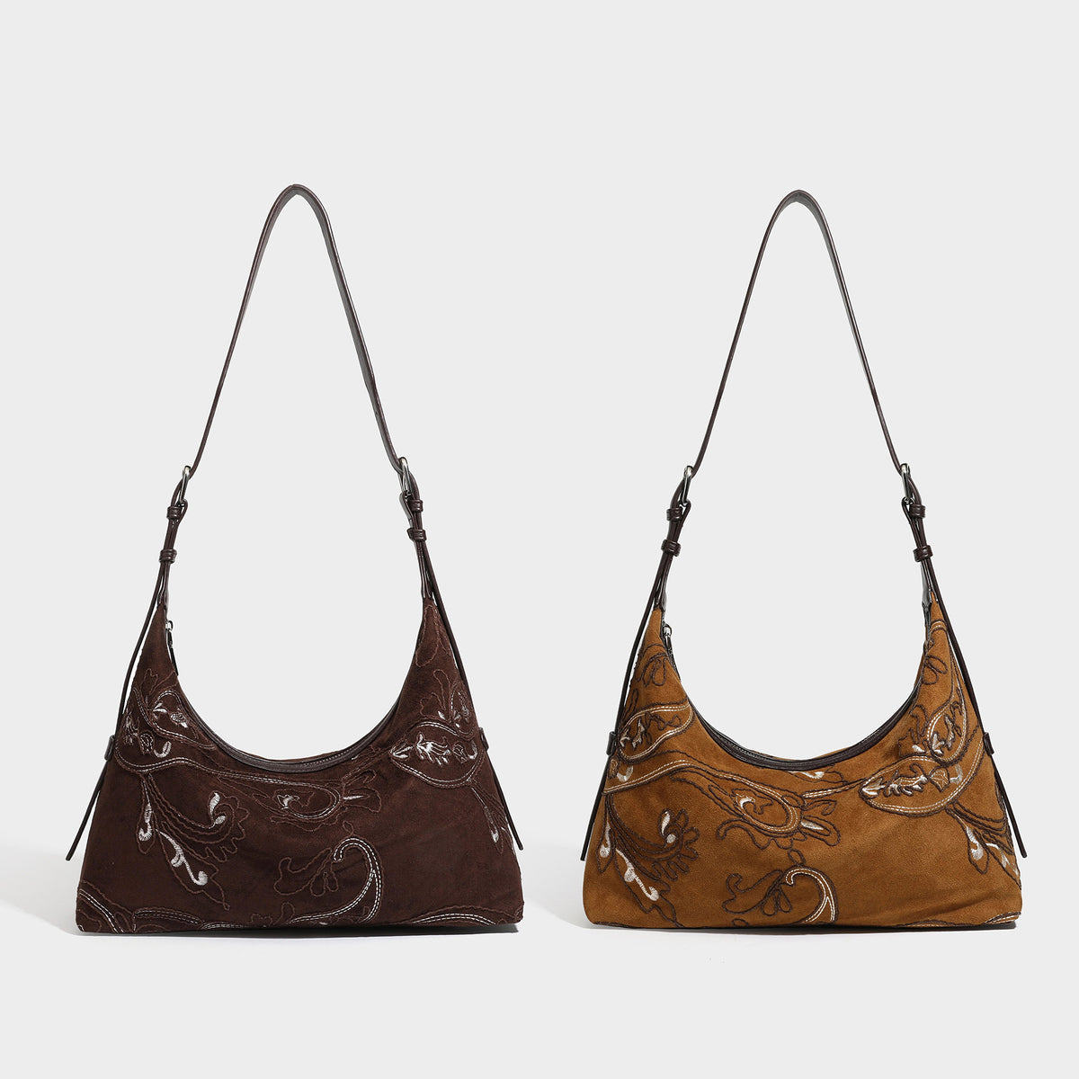 Deep chocolate suede-look hobo shoulder bag with tonal paisley floral embroidery, smooth dark leather-look trim, top zip