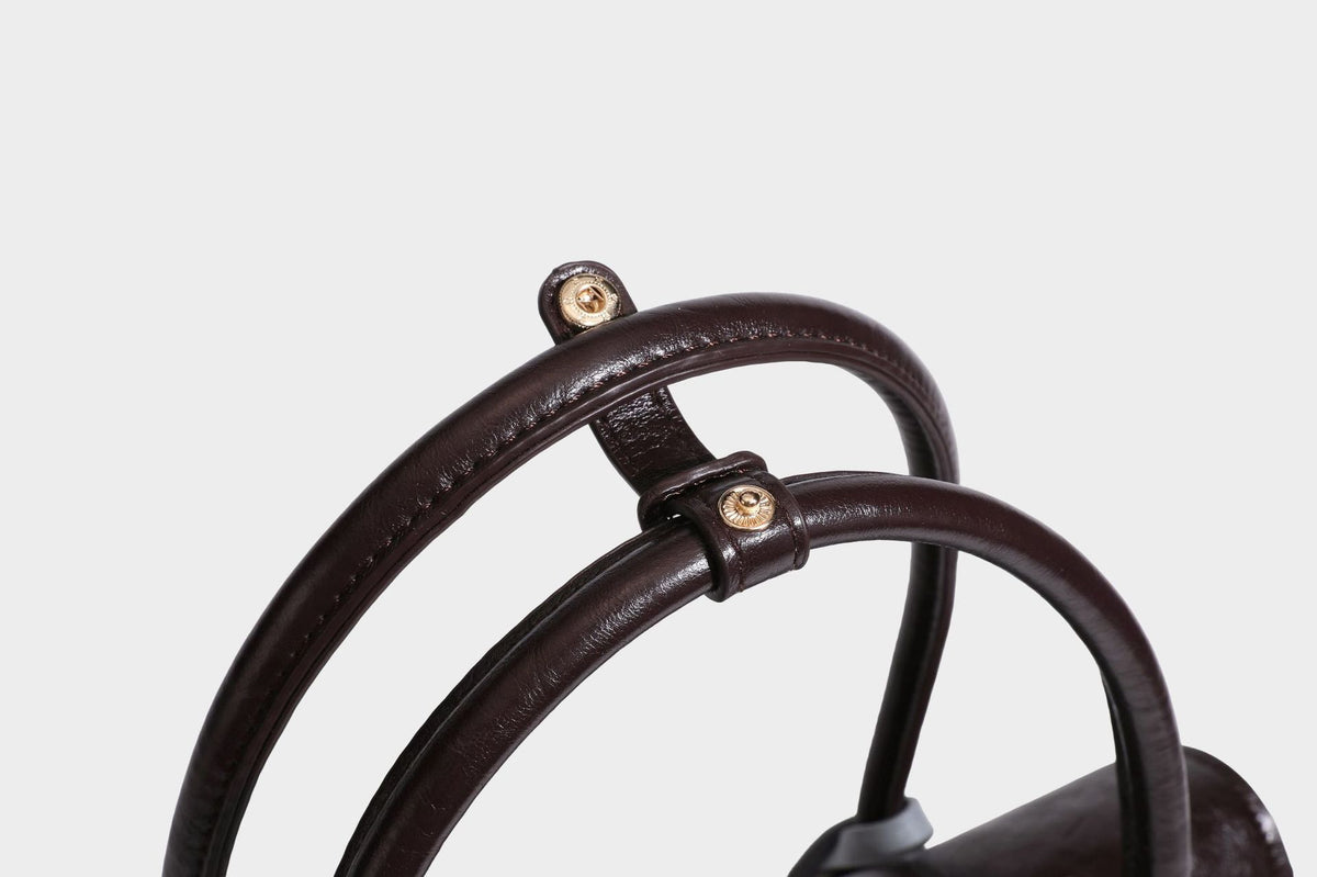 Structured glossy leather-look satchel bag with flap closure, gold-tone buckle accents, double top handles, detachable