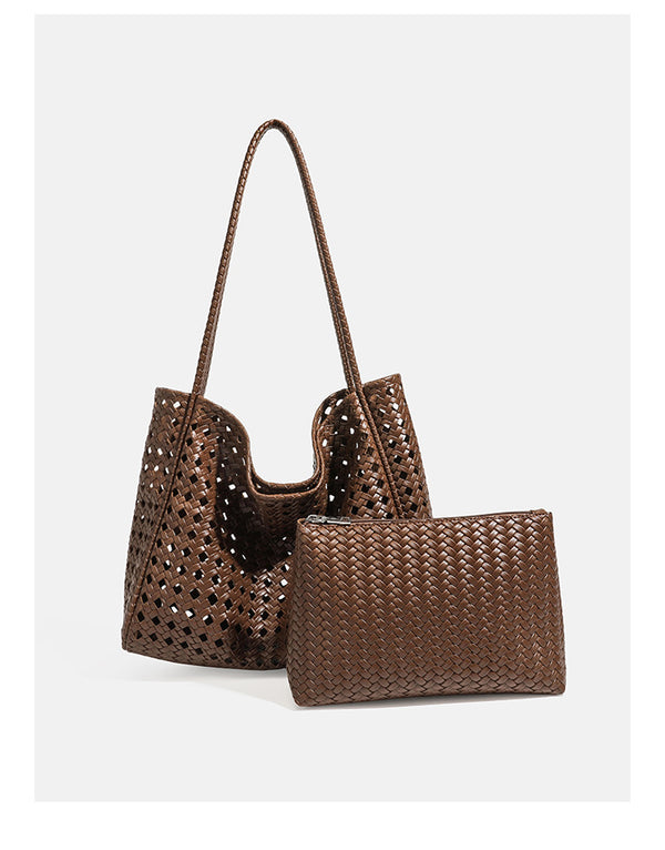 Slouchy open-lattice woven shoulder tote bag with long braided straps and matching zip pouch, detail view 10