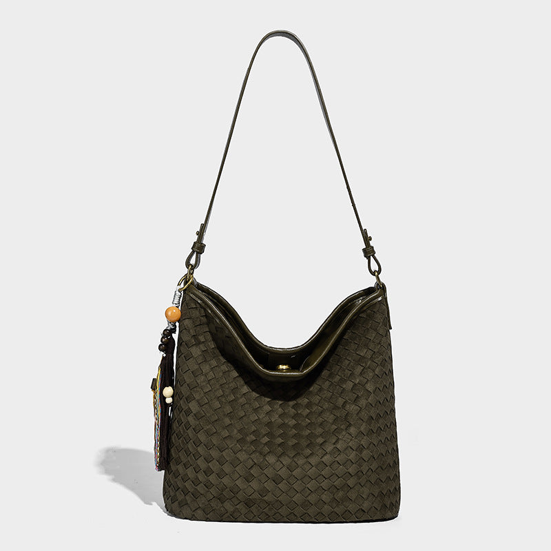 Dark chocolate woven texture hobo shoulder bag with multicolor tassel-and-bead charm and long adjustable strap, detail view 7