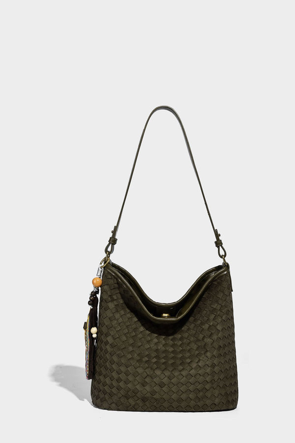 Dark chocolate woven texture hobo shoulder bag with multicolor tassel-and-bead charm and long adjustable strap, detail view