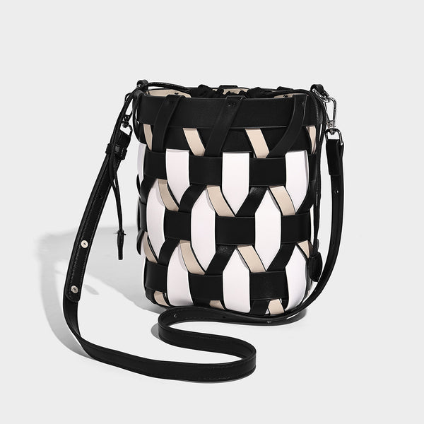 Small woven lattice bucket bag in tan and cream leather-look strips with drawstring top and detachable crossbody strap