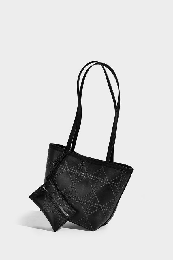 Quilted diamond-pattern tote bag with attached front zip pouch and long shoulder straps, detail view 17