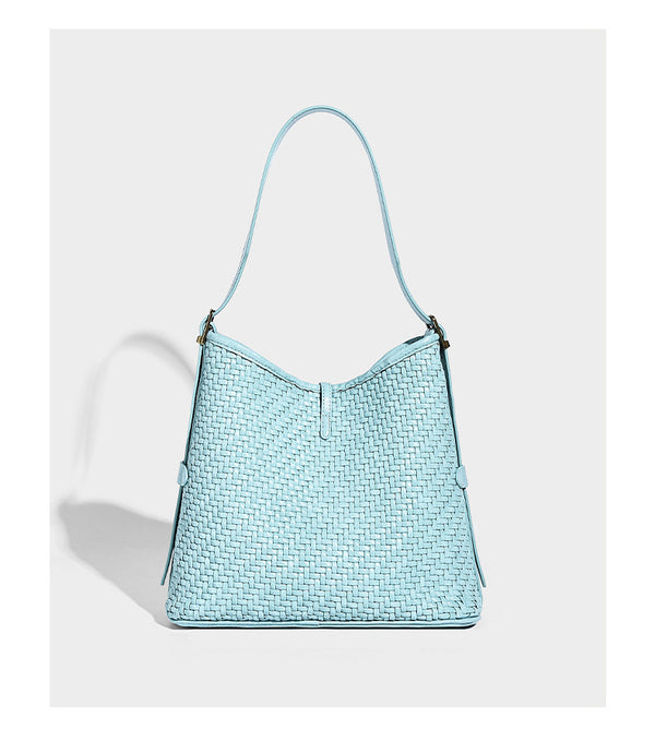 Slouchy woven-texture bucket shoulder bag with tassel tie closure and gold-tone hardware, detail view 17