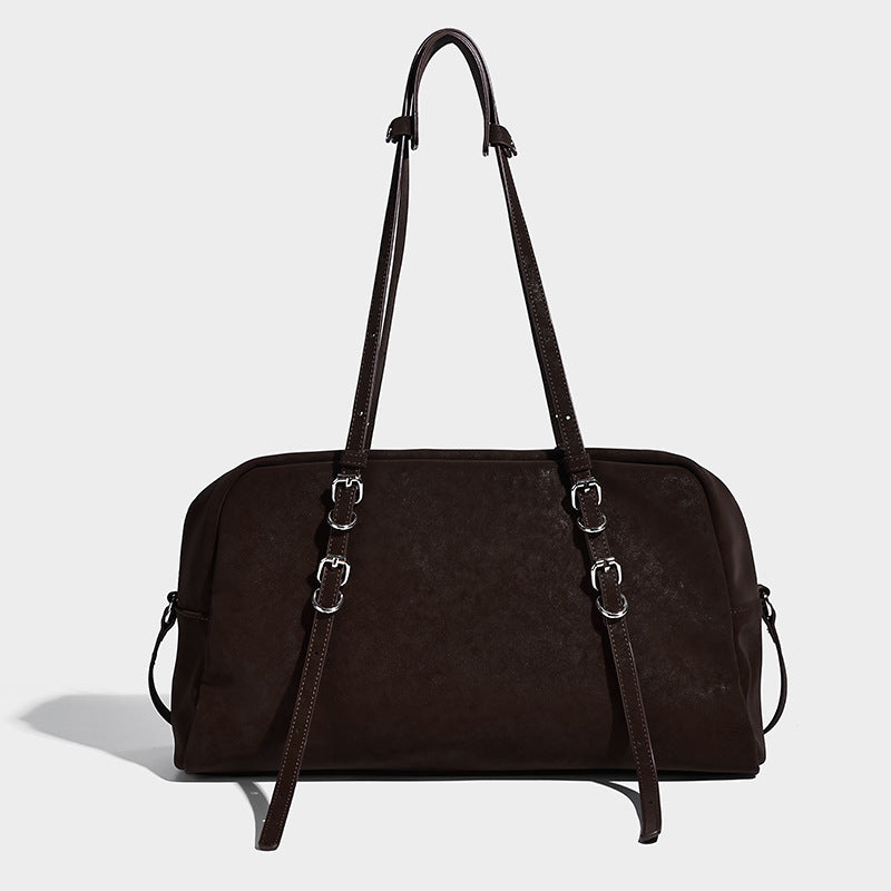 Structured rectangular matte suede-like shoulder bag with silver-tone hardware, zip closure, double top handles, and, detail
