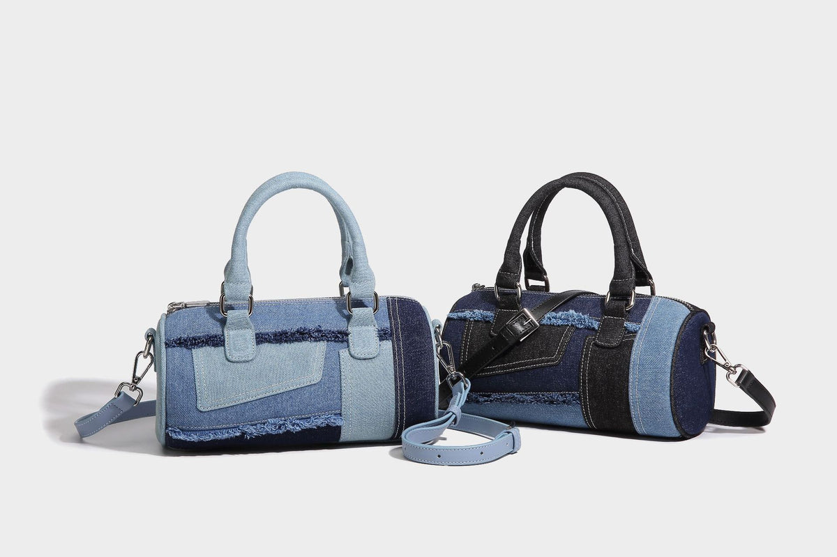 Mini barrel handbag in light and dark denim patchwork with frayed seam trim, dual top handles, top zip closure, and, detail