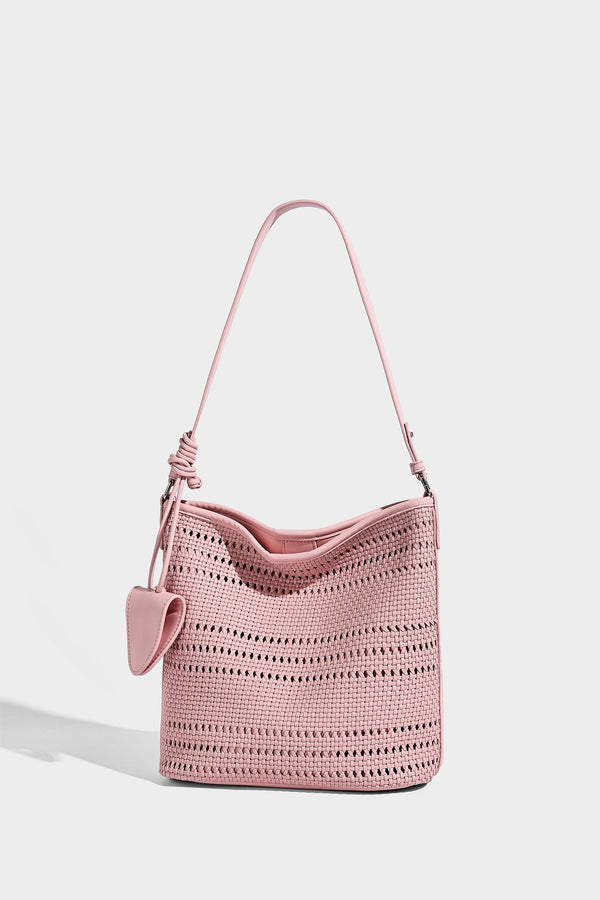 Handwoven open-weave shoulder bag with leather-look trim, knotted adjustable strap, and clip-on sunglasses sleeve pouch