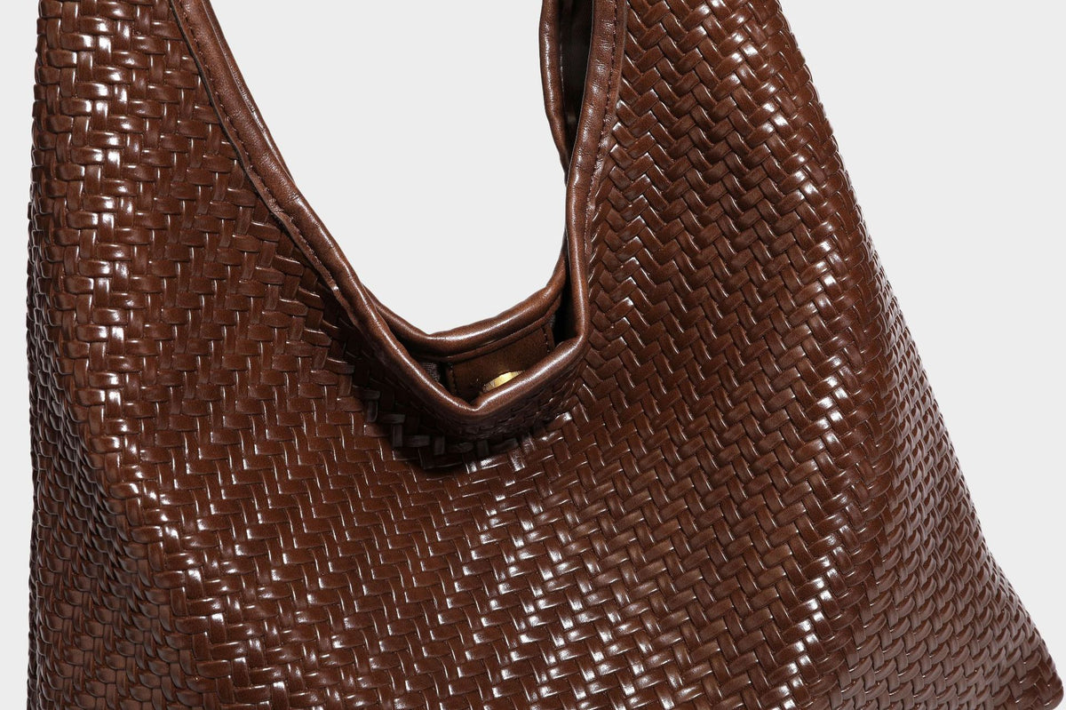 Slouchy woven leather-look hobo tote bag in brown with detachable zip pouch and gold-tone hardware, detail view 37