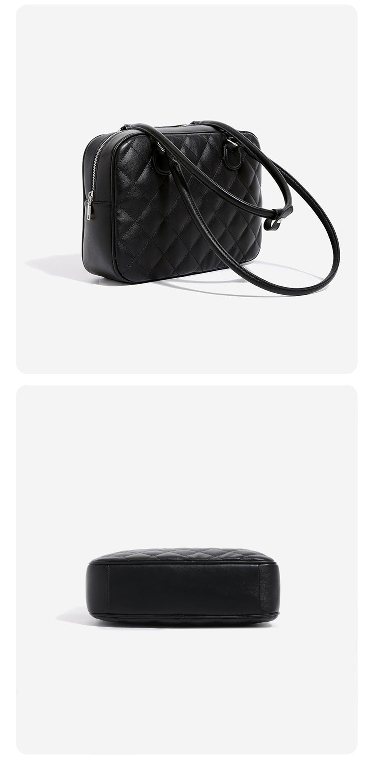 Structured diamond-quilted bowling shoulder bag with silver-tone hardware and top zip closure, detail view 15