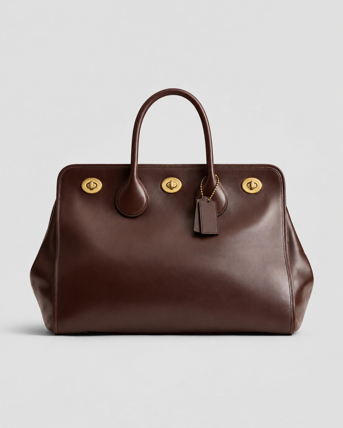 Structured leather-look tote bag with three gold-tone turn-lock closures and double rolled top handles, detail view 13
