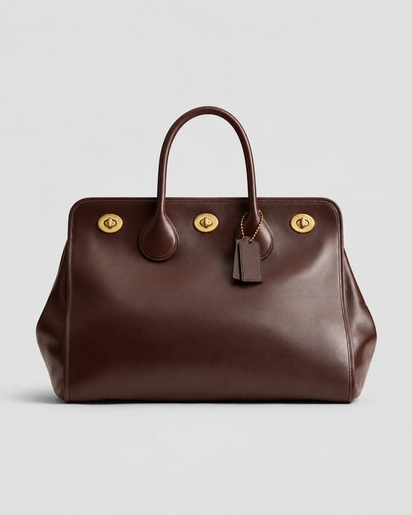 Structured leather-look tote bag with three gold-tone turn-lock closures and double rolled top handles, detail view 13