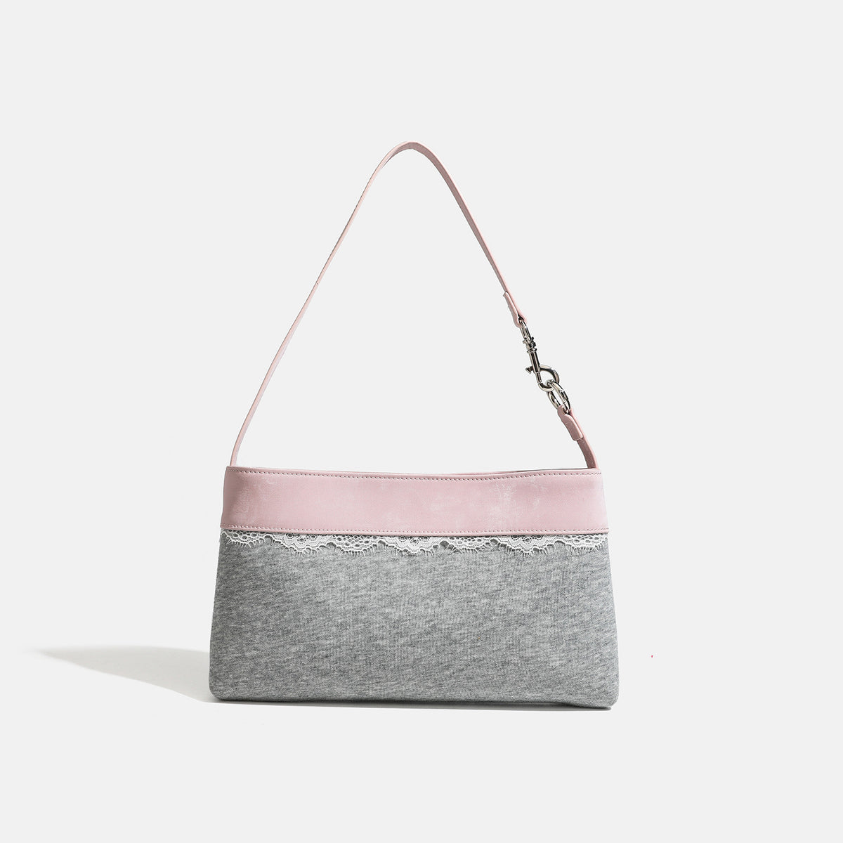 Compact gray textile shoulder bag with lace trim and smooth leather-look strap, detail view 6