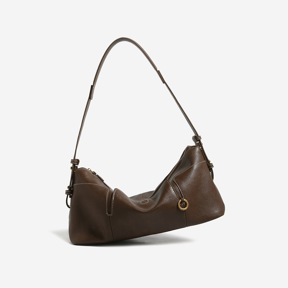 Lässig fallende Hobo-Schultertasche in Lederoptik mit goldfarbenen Ringbeschlägen und Reißverschluss oben, Detailansicht 3