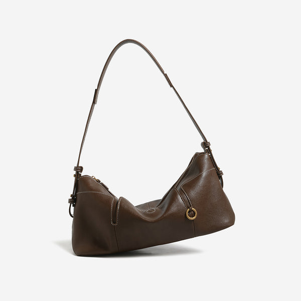 Lässig fallende Hobo-Schultertasche in Lederoptik mit goldfarbenen Ringbeschlägen und Reißverschluss oben, Detailansicht 3