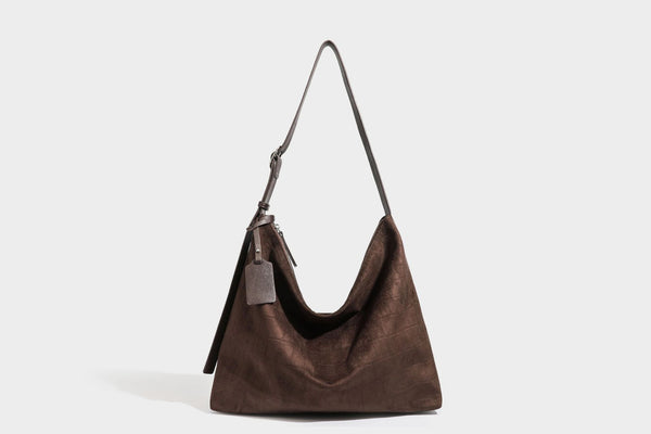 Slouchy hobo shoulder bag in matte croc-embossed leather-look finish with top zip closure and long adjustable strap, detail