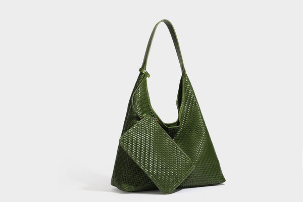 Slouchy woven leather-look hobo tote bag in brown with detachable zip pouch and gold-tone hardware, detail view 44