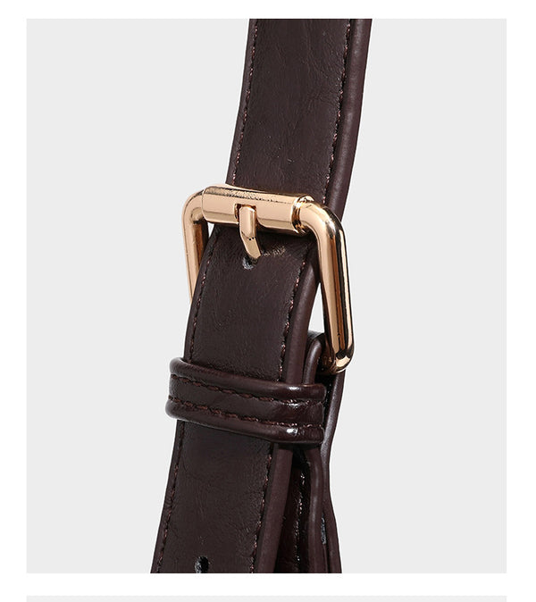 Große dunkelbraune, glänzende, geknautschte Hobo-Schultertasche mit Reißverschluss, goldfarbenen Beschlägen, verstellbarem Riemen und hellblauem