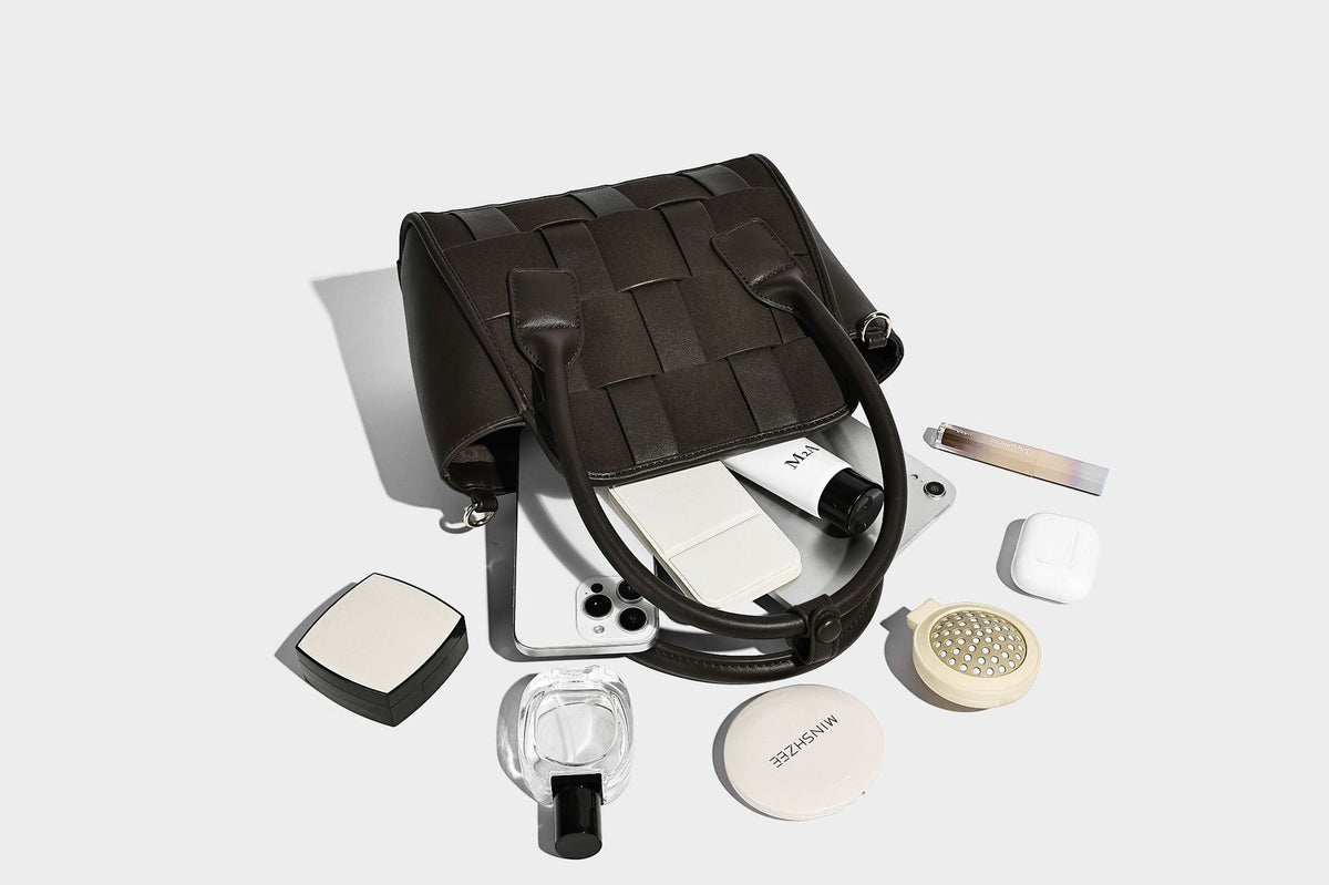 Small structured woven-panel mini tote bag with double top handles and detachable crossbody strap in matte leather-look