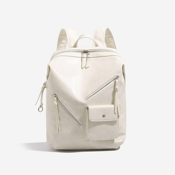 Structured smooth leather-look backpack handbag with dual top zip closure, diagonal front zip pocket, snap-flap mini pocket