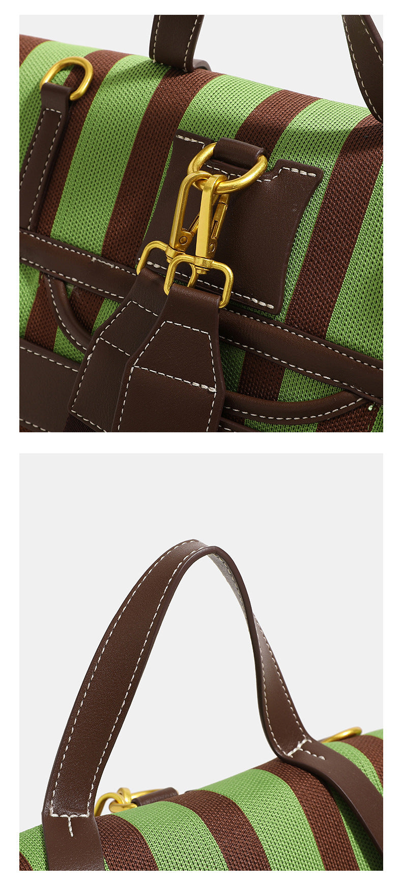 Structured striped canvas convertible satchel bag with leather-look trim, gold-tone buckle hardware, and backpack straps