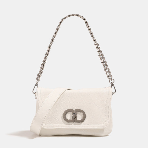 Rectangular flap shoulder bag with chunky silver-tone chain strap and crinkled leather-look finish, detail view 6