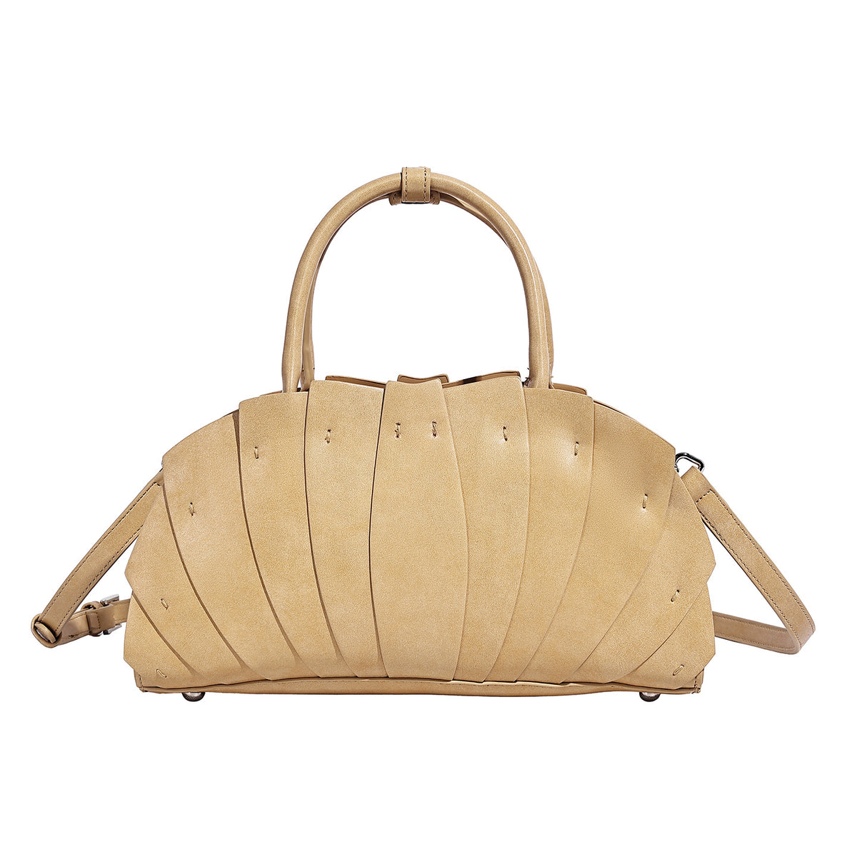 Structured dome satchel with fan-pleated leather-look exterior, dual top handles, and detachable shoulder strap, detail view
