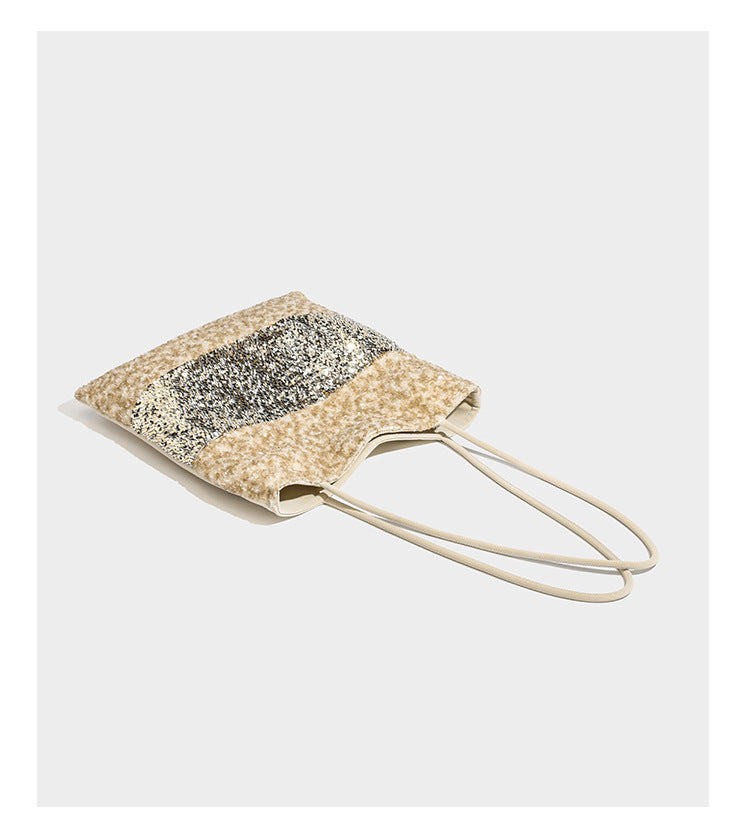 Soft rectangular sequin tote bag with colorblock metallic panels and long slim shoulder straps, detail view 11