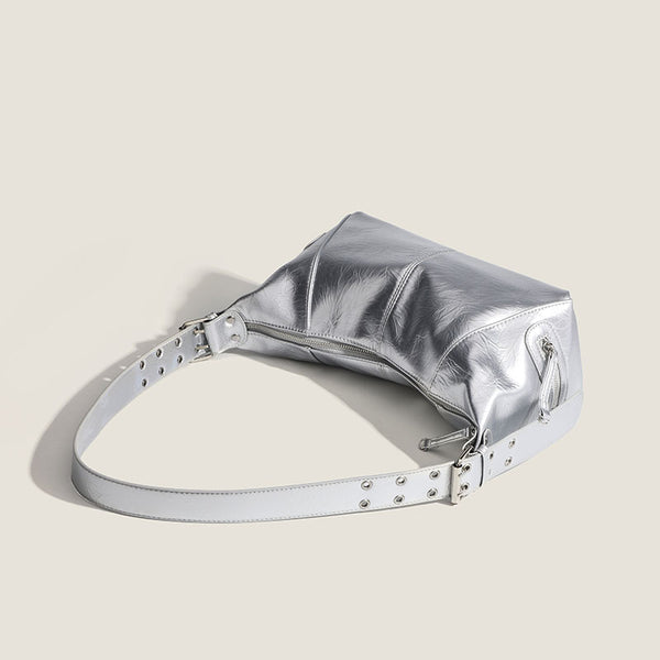 Glossy crinkled mini hobo shoulder bag with studded adjustable strap and silver-tone hardware, detail view 4