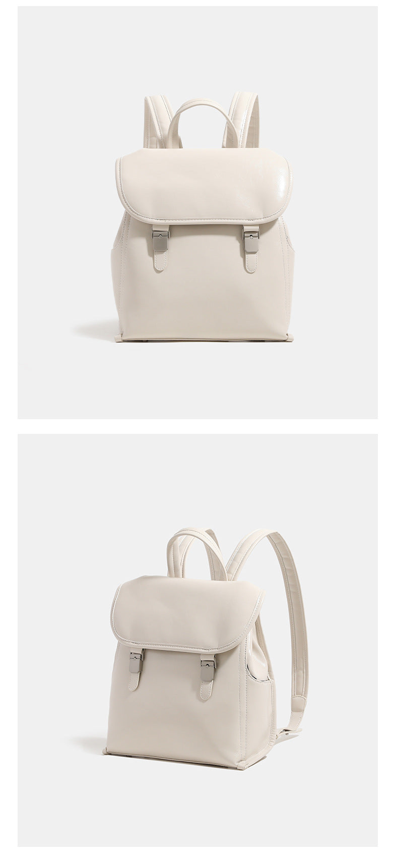 Structured glossy leather-look flap backpack with twin buckle closures and top grab handle, detail view 11