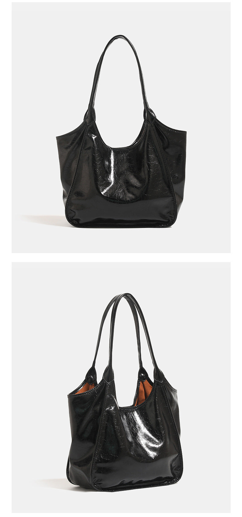 Large open-top shoulder tote bag with glossy crinkled metallic finish and long double straps, detail view 9