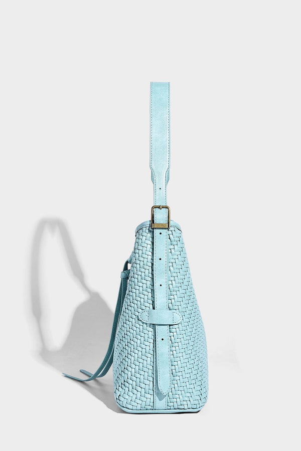 Slouchy woven-texture bucket shoulder bag with tassel tie closure and gold-tone hardware, detail view 34