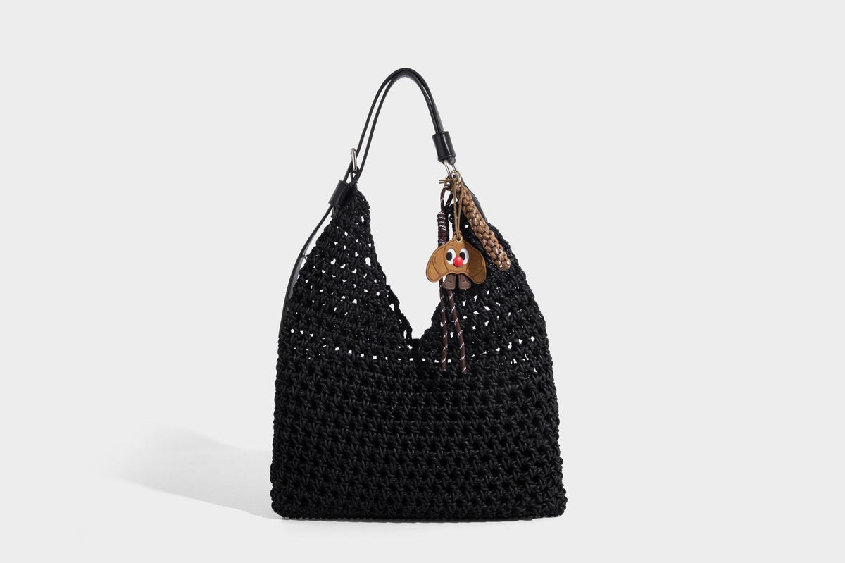 Slouchy open-knit crochet hobo tote bag with leather-look top handle and metal buckle hardware, detail view 30