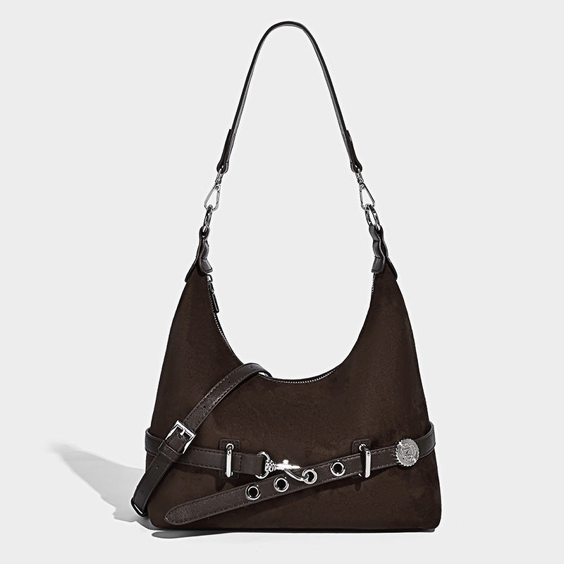 Hobo-Schultertasche in Dunkelbraun mit Veloursleder-Finish, silberner Gürtelschnalle und Ösenbeschlägen, verstellbarem Riemen, Detailansicht 6